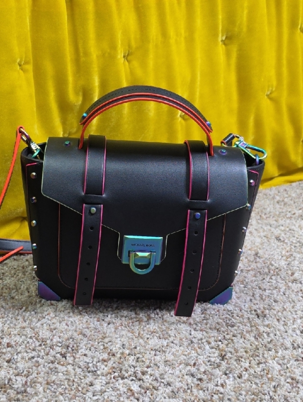 Michael Kors Collection Black Satchel with Pink Trim and Iridescent Hardware